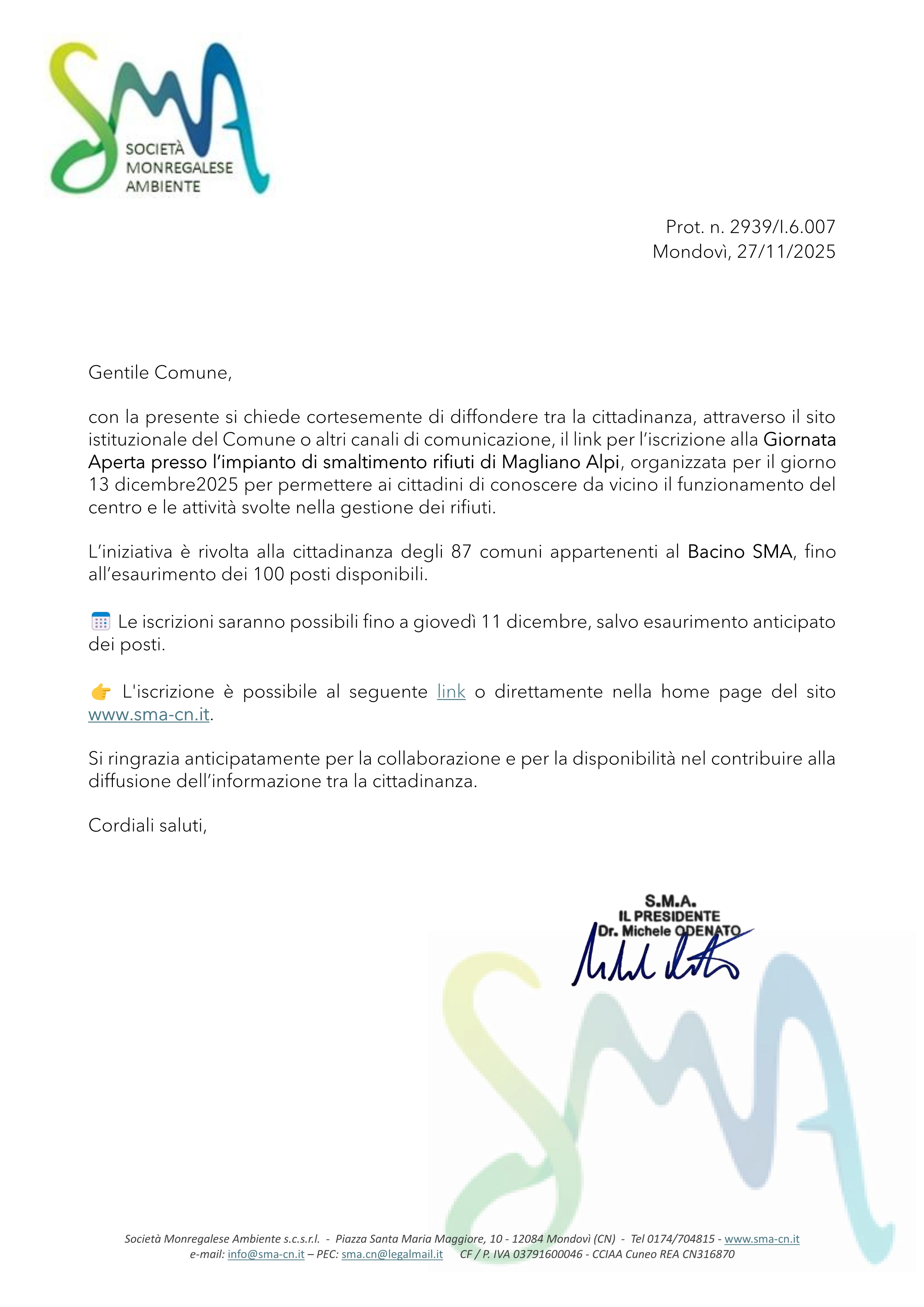 Giornata Aperta presso l’impianto di smaltimento rifiuti di Magliano Alpi, organizzata per il giorno 13 dicembre2025